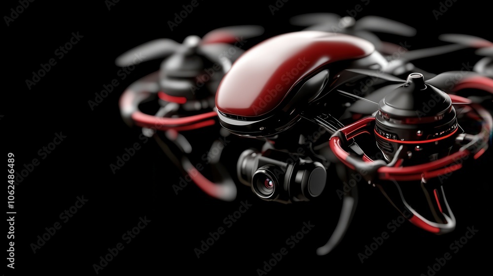 Poster a striking red and black drone with sleek lines and built-in cameras embodies modern technological a