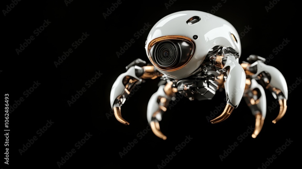 Poster a futuristic robot with spider-like mechanical limbs and a central camera portrays the fusion of tec