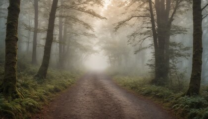 Fototapeta premium Misty forest trail at sunrise illuminating the path through towering trees in a tranquil wilderness setting