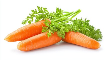 Fresh, glossy carrots with bright green stems, perfectly isolated on a white background, sharp textures and natural details in a modern, clean style