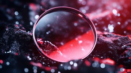 A reflective glass lens resides among a dramatic red and black background, symbolizing depth and emotion through its contrasting colors and reflective surface.