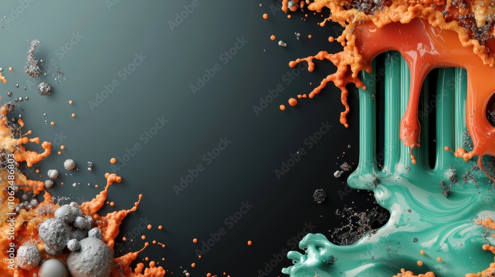 Poster an explosion of colorful paint splashes dynamically across a surface, creating an abstract scene tha
