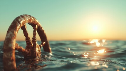 Fototapeta premium An antique ship’s wheel emerges from the ocean, its weathered appearance highlighted by the setting sun, symbolizing exploration and the passage of time at sea.