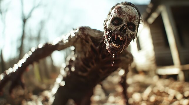 A terrifying zombie with decayed flesh is lurching forward in a dense forest, showcasing a haunting atmosphere and a sense of fear and survival in the unknown woods.
