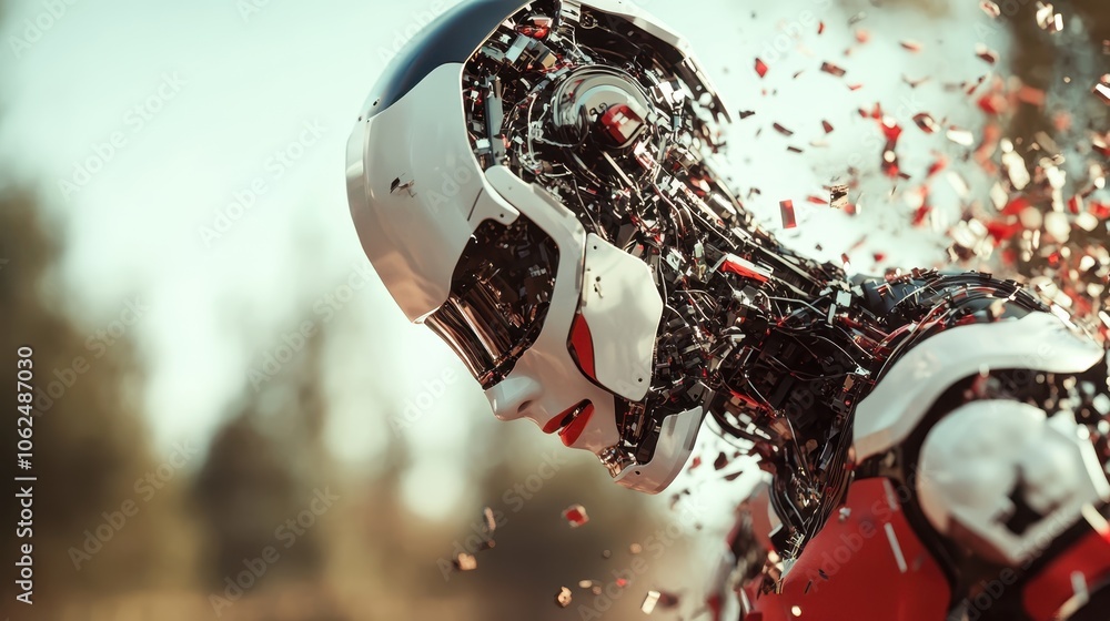 Poster a futuristic robot with detailed mechanical components stands amidst an explosion of fragments, capt