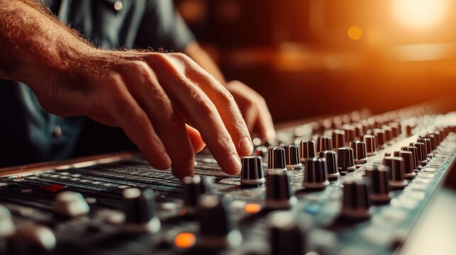 A close-up of a hand skillfully adjusting knobs on an audio mixer, conveying a scene of meticulous control and precision in the world of sound generation and mastery.