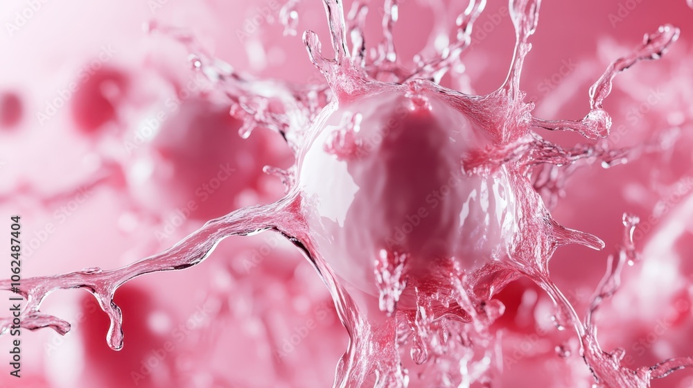 Poster a dynamic pink liquid splash encases smooth spherical objects, embodying artistic creativity and flu