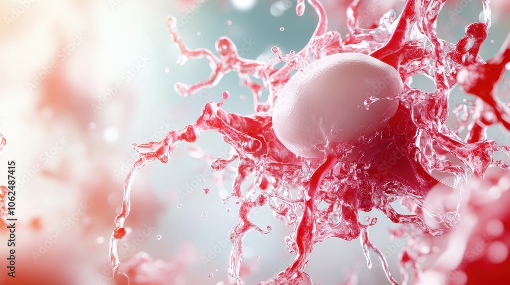 Poster a vivid red splash surrounds a smooth white orb, creating a tender visual of fluid interaction and c