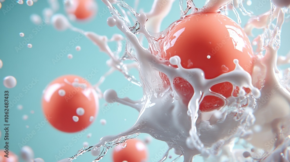 Poster round orange spheres collide dramatically in a splash of white liquid, creating a striking visual of