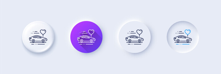 Honeymoon travel line icon. Neumorphic, Purple gradient, 3d pin buttons. Love car trip sign. Valentines day transport symbol. Line icons. Neumorphic buttons with outline signs. Vector