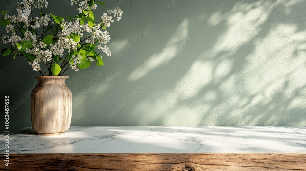 Poster a sleek vase with flowering branches beautifully displayed on a marble counter with soft light and s