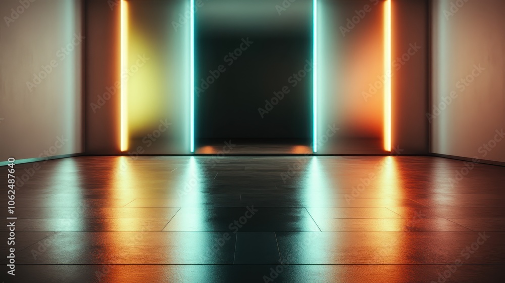 Poster A contemporary hallway featuring colored neon vertical lights, casting dynamic reflections and creating an exhilarating and futuristic atmosphere in the open space.