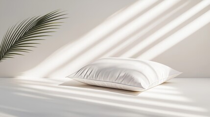 Minimalistic white pillow mockup, fluffy and clean, resting on a pure white surface, soft light emphasizing the smooth texture and subtle contours