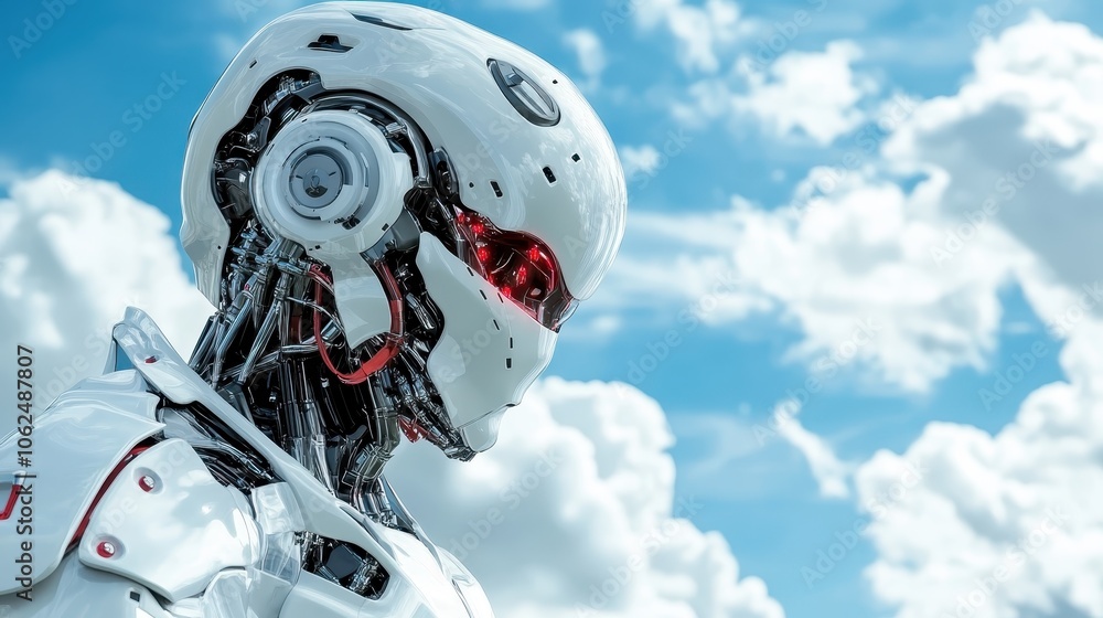 Aufkleber a high-tech robotic figure with striking red eyes and intricate mechanical details stands against a 