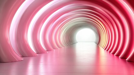 Obraz premium A serene tunnel with smoothly curved walls is bathed in soft pink lighting, offering a gentle and calm ambiance that feels both futuristic and inviting.