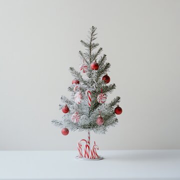 Sapin de No&euml;l glac&eacute; d&eacute;cor&eacute; de sucres d'orge et boules rouges sur socle blanc.