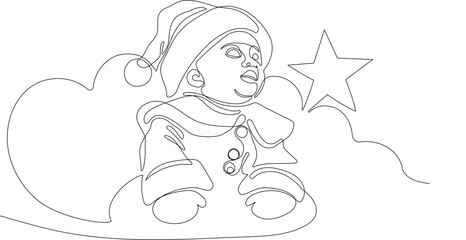 Outlined Cute Santa Claus Cartoon Character With A Sack Full Of Gifts. Vector Hand Drawn Illustration. One continuous line drawing Santa Claus on reindeer and sled. concept for Christmas and New Year