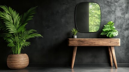 A rustic wooden console table accompanied by lush houseplants set against a dark, textured wall, evoking a sense of earthy comfort and organic elegance.