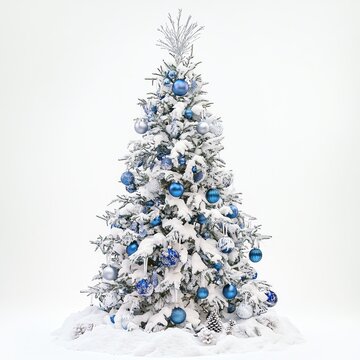 Sapin de No&euml;l luxueux couvert de neige avec d&eacute;coration bleu glac&eacute; et blanc sur fond blanc.