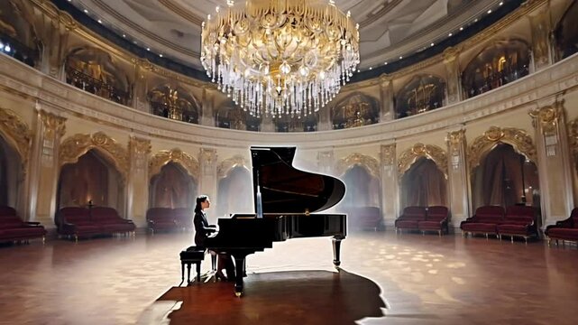 Grand piano in elegant chandelier-lit classical hall interior. Music concept