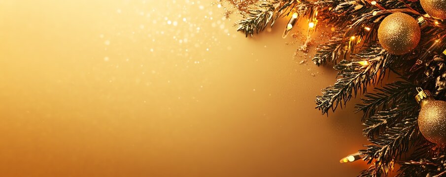 D&eacute;coration de No&euml;l dor&eacute;e avec branches de sapin et boules scintillantes sur fond chaud.