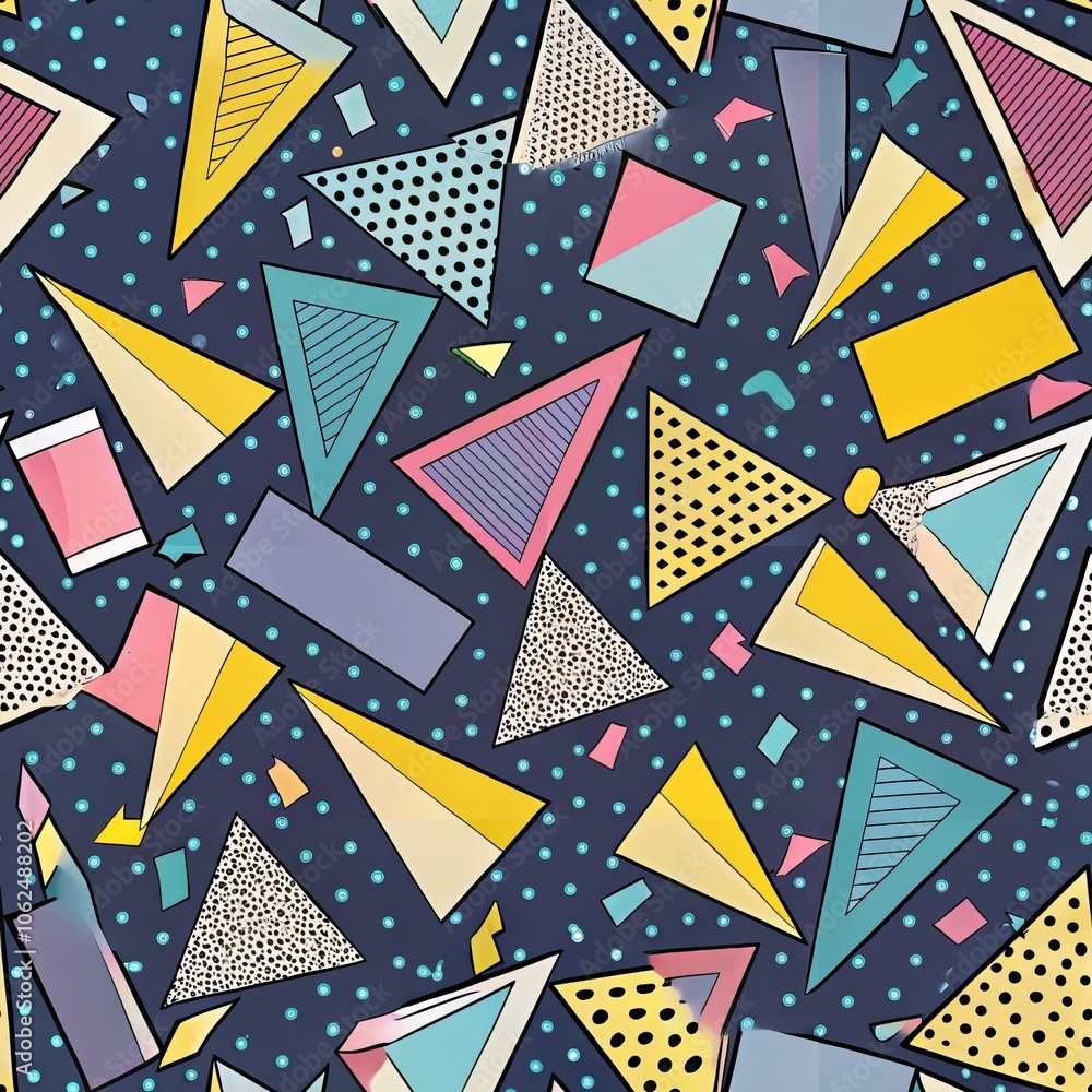 Poster vibrant geometric pattern with colorful triangles and dots on dark background