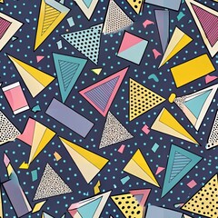 Obraz premium Vibrant geometric pattern with colorful triangles and dots on dark background