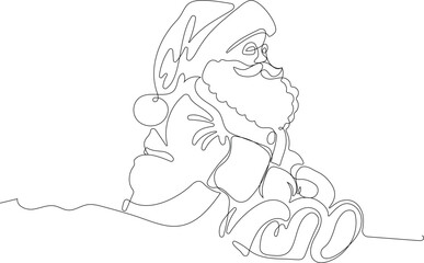 Outlined Cute Santa Claus Cartoon Character With A Sack Full Of Gifts. Vector Hand Drawn Illustration. One continuous line drawing Santa Claus on reindeer and sled. concept for Christmas and New Year