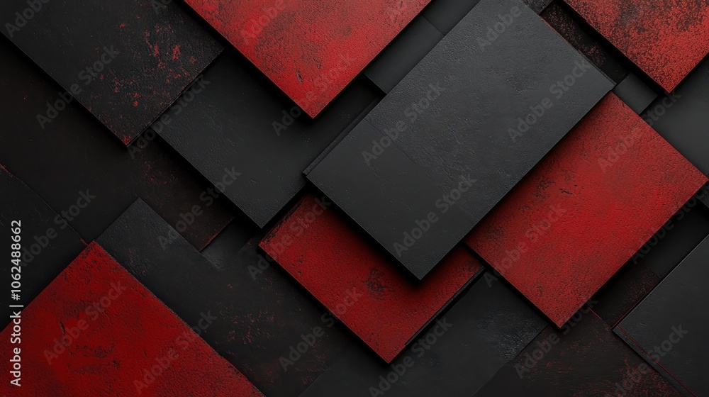 Poster abstract pattern of layered rectangles in dramatic red and black tones, featuring a richly textured 