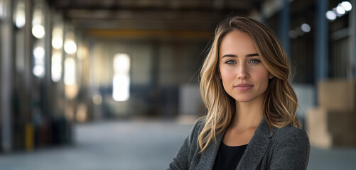 Fototapeta premium Confident Businesswoman in Industrial Setting with Crossed Arms