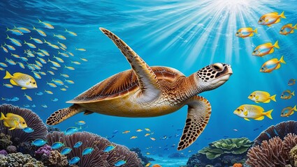 Obraz premium A sea turtle gliding gracefully through vibrant coral reefs under sunlight with colorful fish in a clear ocean