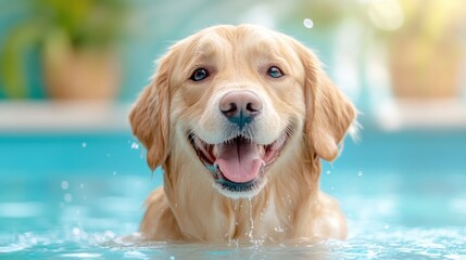Golden Retriever enjoying a refreshing swim in a clear blue pool, AI