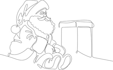 Outlined Cute Santa Claus Cartoon Character With A Sack Full Of Gifts. Vector Hand Drawn Illustration. One continuous line drawing Santa Claus on reindeer and sled. concept for Christmas and New Year