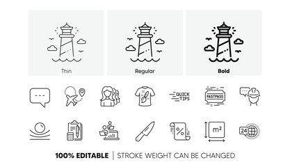 T-shirt design, Lighthouse and Knife line icons. Pack of Women headhunting, Blog, Elastic material icon. Education, Fastpass, 24h service pictogram. Loan percent, Accounting, Airplane. Vector
