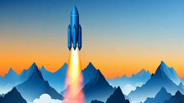 A rocket launches into the sky over a mountain range at sunset