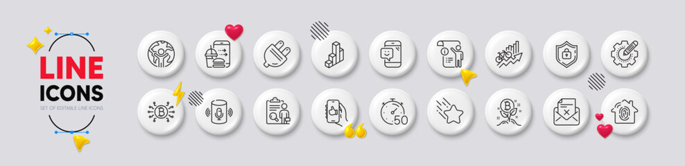 Fototapeta premium Fingerprint access, Falling star and Smile line icons. White buttons 3d icons. Pack of Electric plug, Settings gear, Bitcoin system icon. Shield, Like app, Manual doc pictogram. Vector