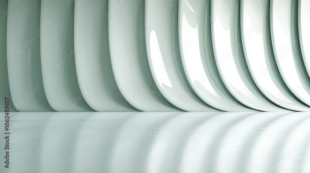 Poster a minimalist setting featuring a white curved wall with unique vertical texture patterns, evoking a 