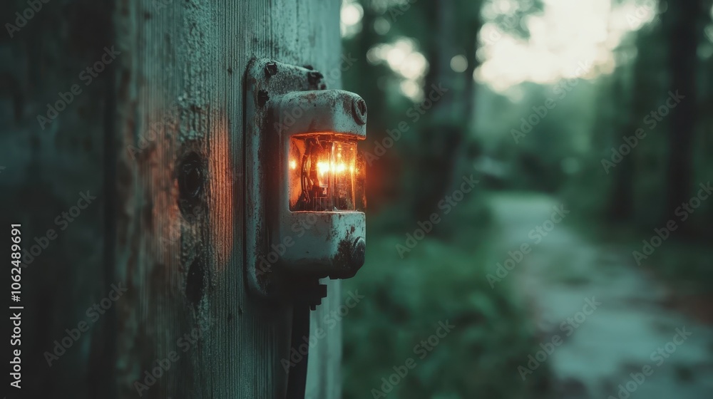 Poster a rustic lantern emits a warm glow, illuminating a serene forest pathway at dusk, creating an atmosp