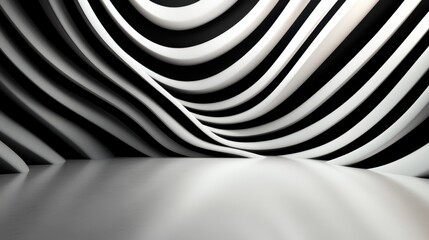 A stylish abstract piece featuring alternating black and white wavy lines creating a hypnotic pattern that suggests movement and depth within a modern context.