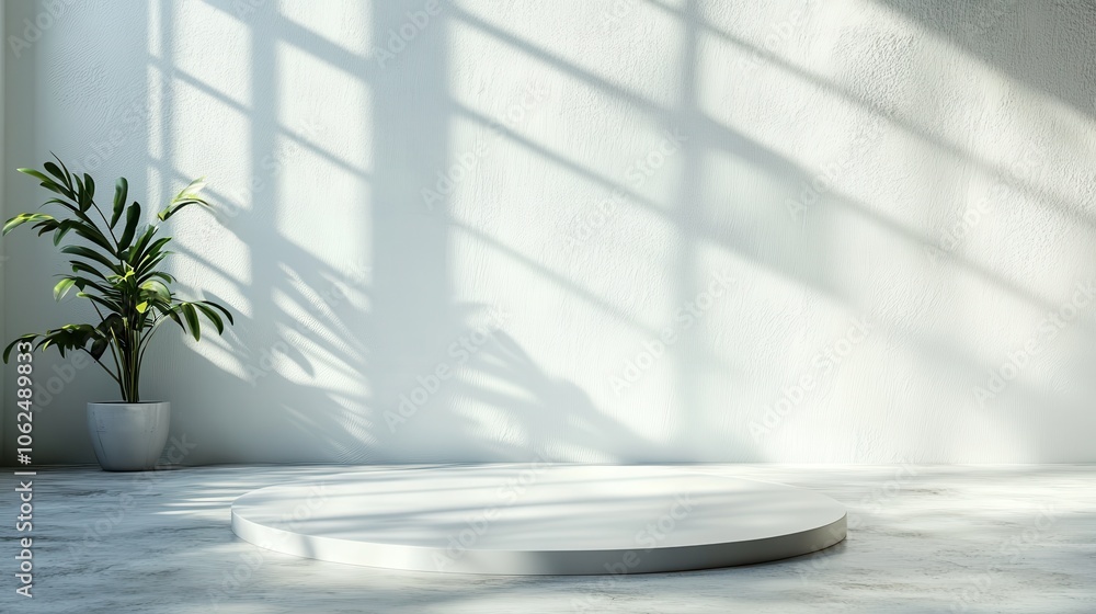Poster a circular platform illuminated by sunlight is set against a spacious minimalist studio with subtle 