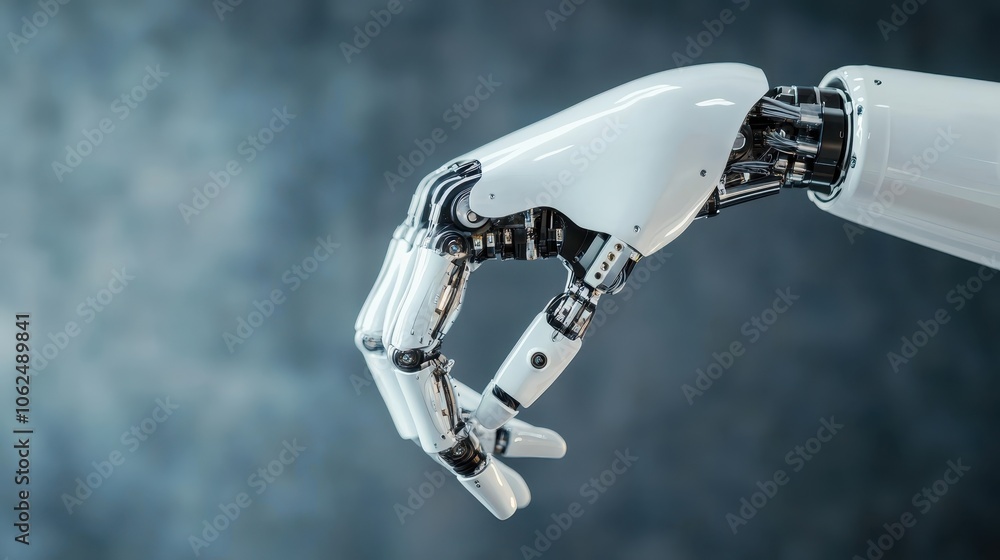 Poster a close-up view of a robotic hand highlights the precision parts and intricate mechanics against a t