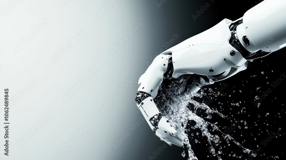 Poster a dynamic image showing a robotic hand splashing water, emphasizing the combination of advanced tech