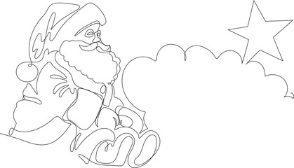 Outlined Cute Santa Claus Cartoon Character With A Sack Full Of Gifts. Vector Hand Drawn Illustration. One continuous line drawing Santa Claus on reindeer and sled. concept for Christmas and New Year