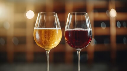 Close-up image of two elegant wine glasses filled with red and white wine, perfectly framed against a blurred wine cellar background with soft, ambient lighting.