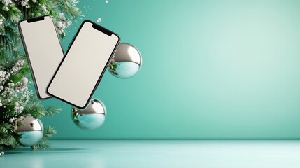 Two iPhones with blank screens hover amidst festive holiday decorations and shiny ornaments against a soft turquoise background creating a modern holiday theme.