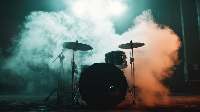 A drum kit is surrounded by swirling fog under dim stage lights, creating a moody and atmospheric setting perfect for live musical performances.