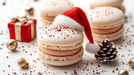 Naklejka premium Macarons in the shape of Santa's hat and Christmas gifts, close-up view, detailed, festive concept, isolated on white background