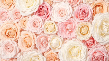 Pastel colored roses in shades of blush pink peach and cream create a romantic dreamy texture