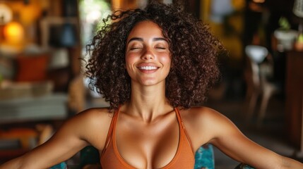 A serene woman with curly hair sits with eyes closed in meditation, exuding tranquility and happiness, emphasizing mindfulness and inner peace amidst daily chaos.