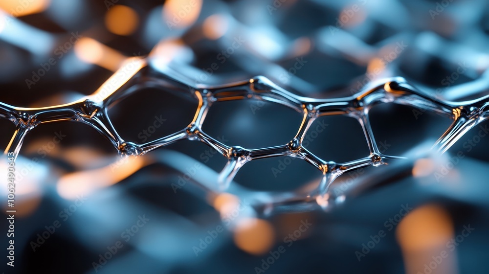 Poster an intricate modern art design showing a hexagonal mesh pattern, highlighted by warm lighting and in
